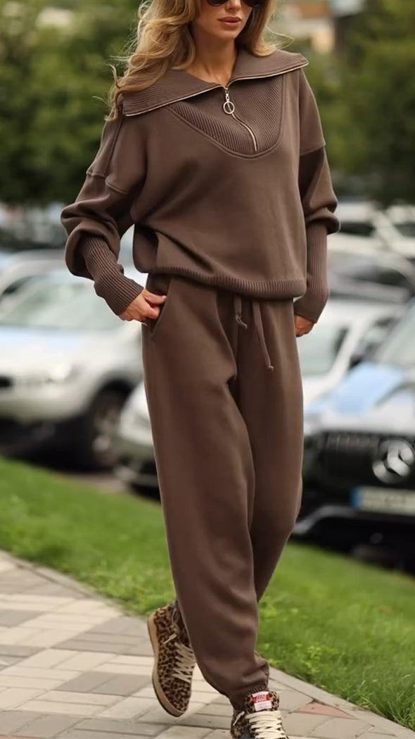 Women Lapel Half-zip Top + Pants Knitted Casual Suit