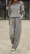 Women Lapel Half-zip Top + Pants Knitted Casual Suit