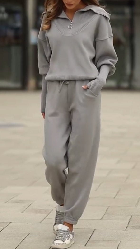 Women Lapel Half-zip Top + Pants Knitted Casual Suit