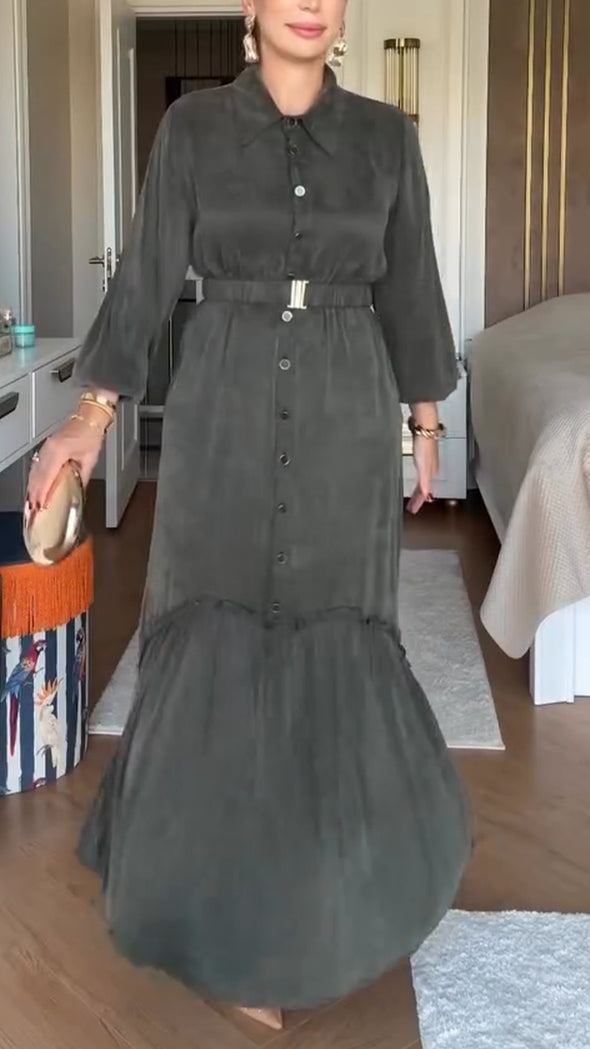 Ladies Lapel Buckle Splicing Casual Dress
