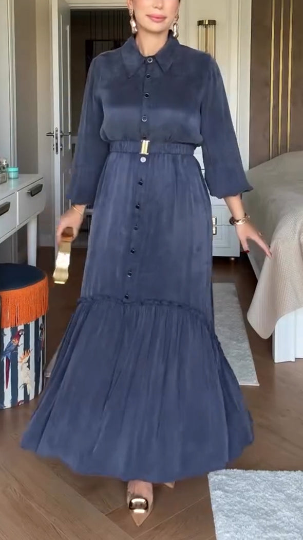 Ladies Lapel Buckle Splicing Casual Dress