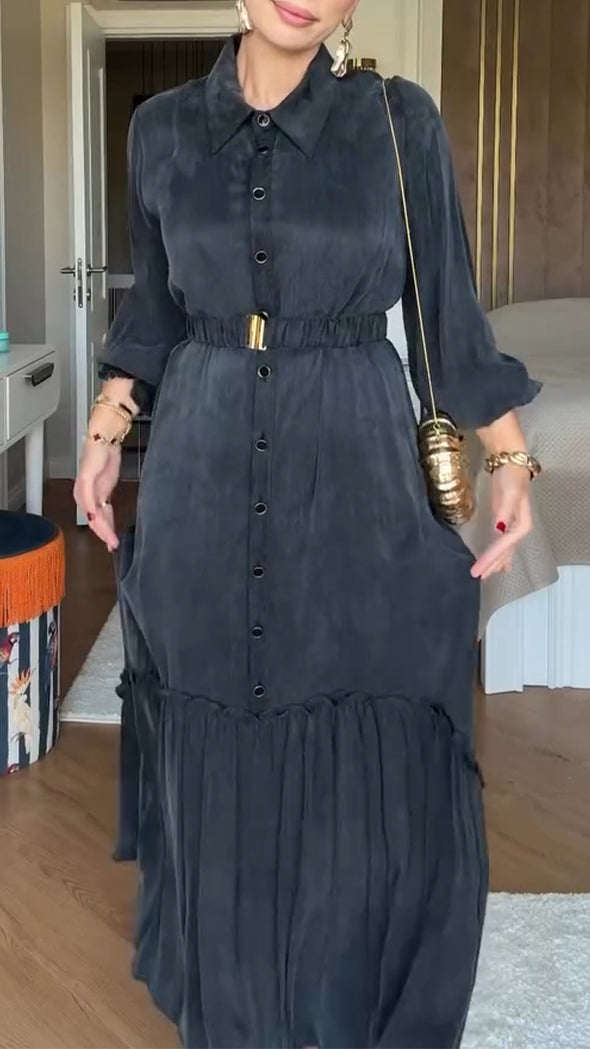 Ladies Lapel Buckle Splicing Casual Dress