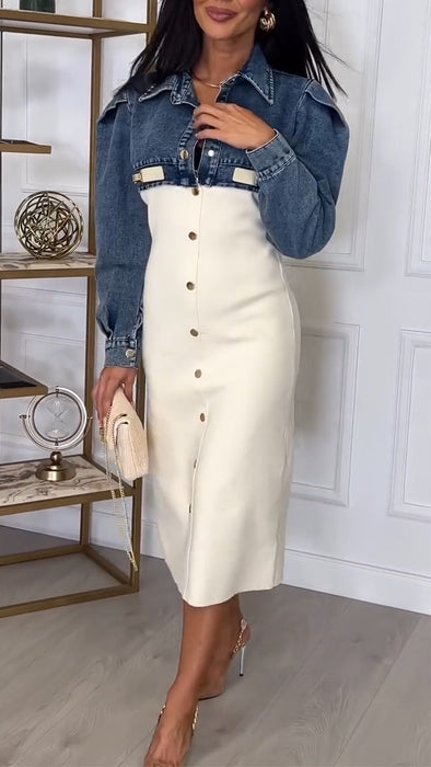 Women Lapel Buttoned Splice Denim Casual Dress