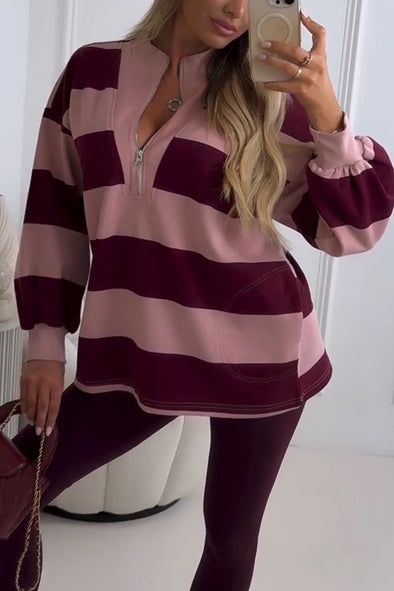 Women Round Neck Contrast Color Half Zip Casual Top