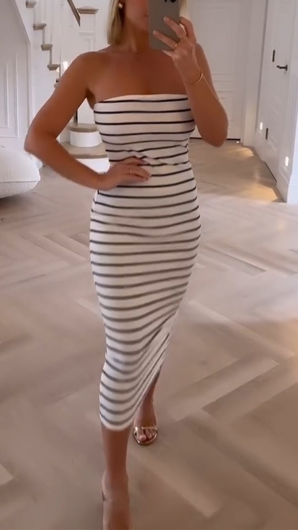 Women Tube-top Striped Dress + Cardigan Casual Suit