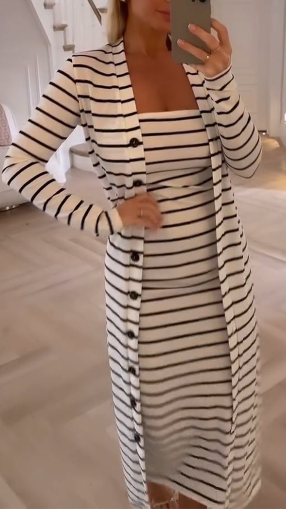Women Tube-top Striped Dress + Cardigan Casual Suit