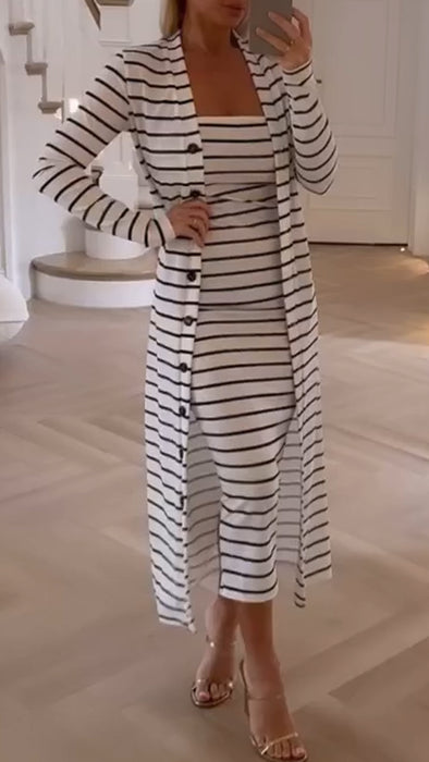 Women Tube-top Striped Dress + Cardigan Casual Suit