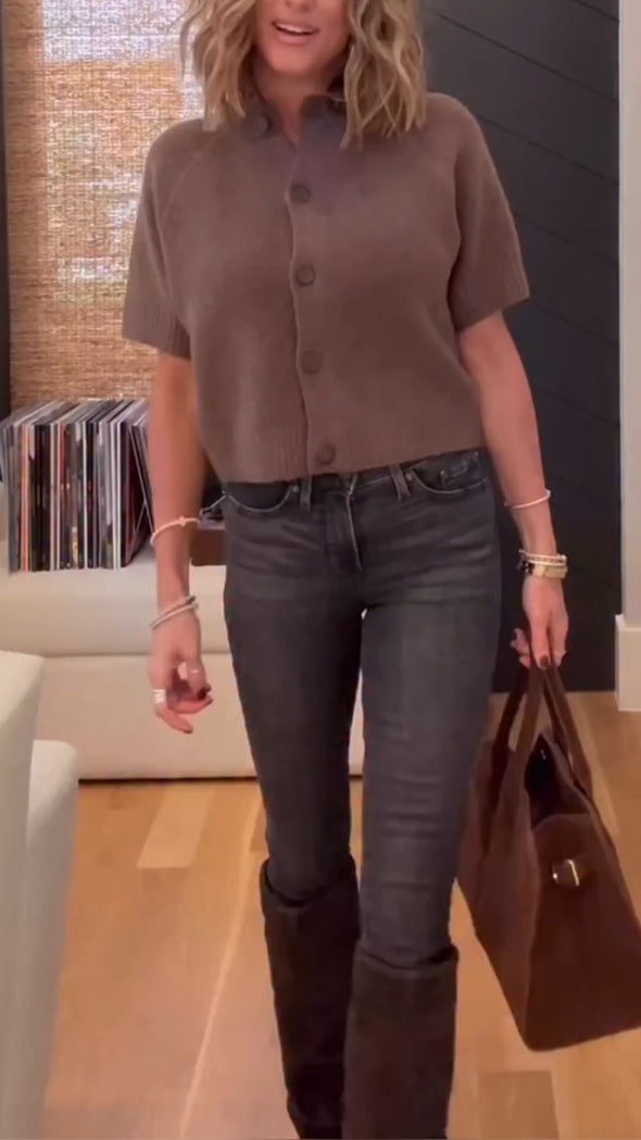 Women Round-neck Button-down Knitted Top + Jeans Casual Suit