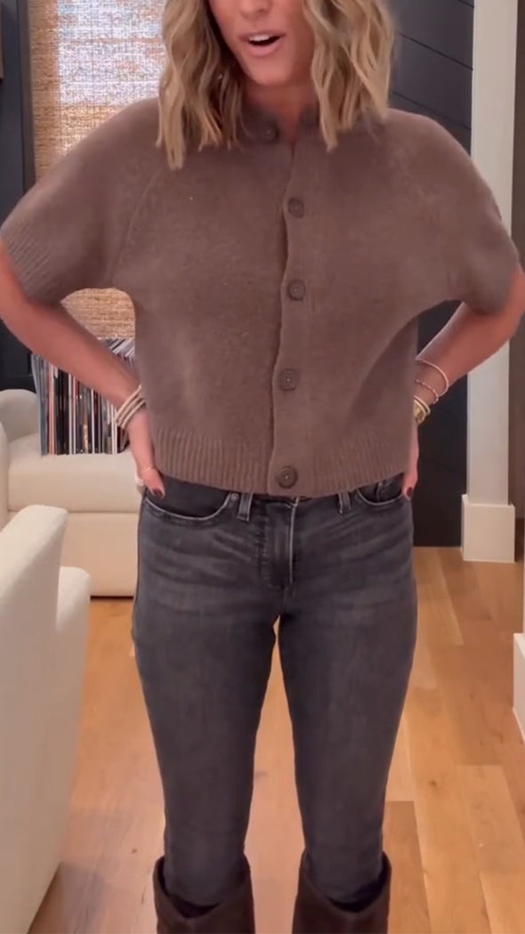 Women Round-neck Button-down Knitted Top + Jeans Casual Suit