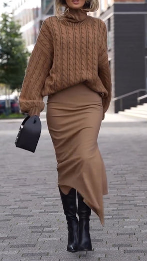 Women Turtleneck Knitted Sweater + Irregular Skirt Casual Set