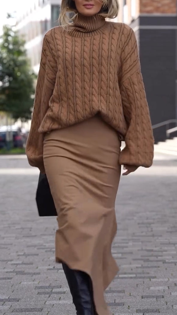 Women Turtleneck Knitted Sweater + Irregular Skirt Casual Set