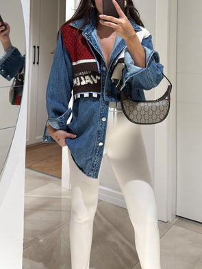 Casual Oversized Knit Panel Denim Shirt