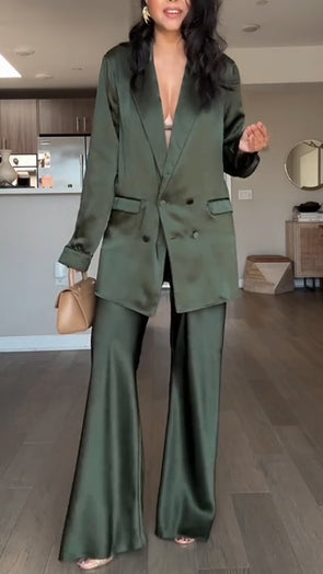 Women Lapel Jacket + Pants Solid Color Temperament Commuter Suit