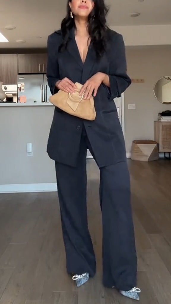 Women Lapel Jacket + Pants Solid Color Temperament Commuter Suit
