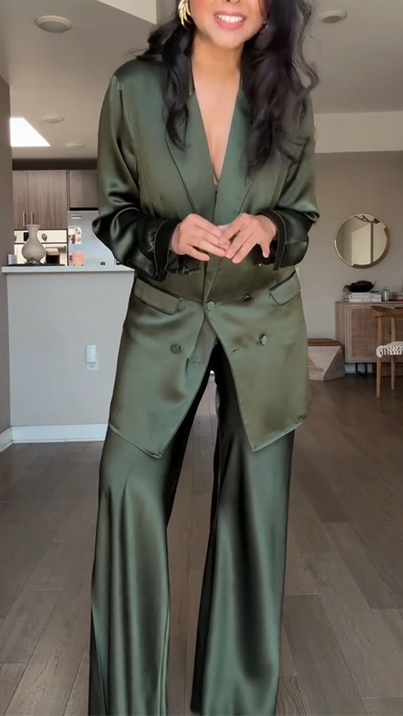 Women Lapel Jacket + Pants Solid Color Temperament Commuter Suit