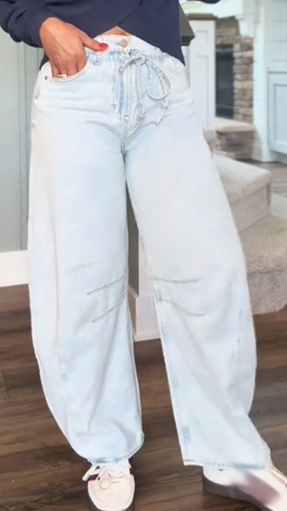 Women V-neck Patchwork Top + Washed Jeans Casual Suit