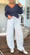 Women V-neck Patchwork Top + Washed Jeans Casual Suit