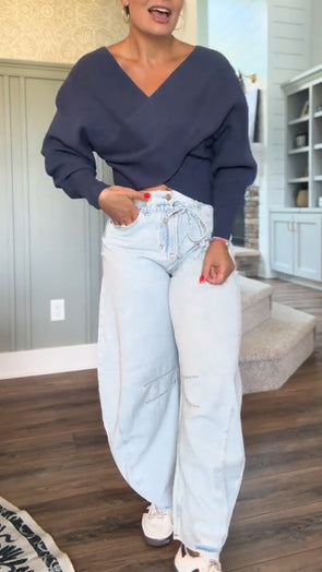 Women V-neck Patchwork Top + Washed Jeans Casual Suit