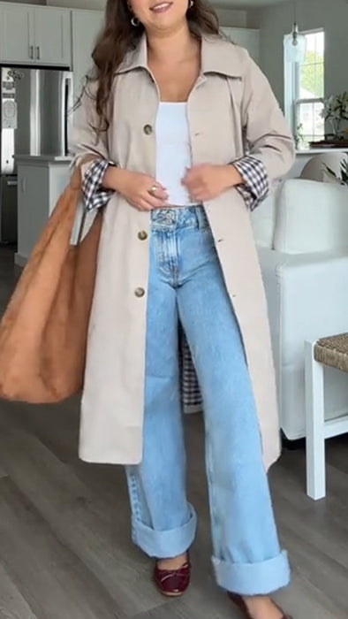 Women Lapel Lined Plaid Temperament Casual Trench Coat