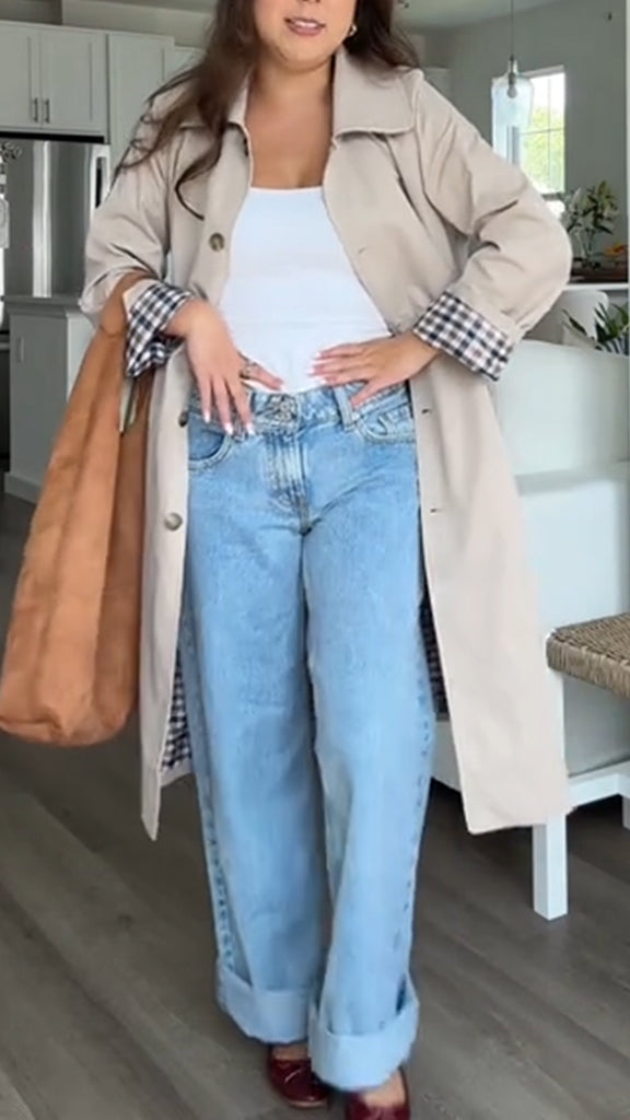 Women Lapel Lined Plaid Temperament Casual Trench Coat