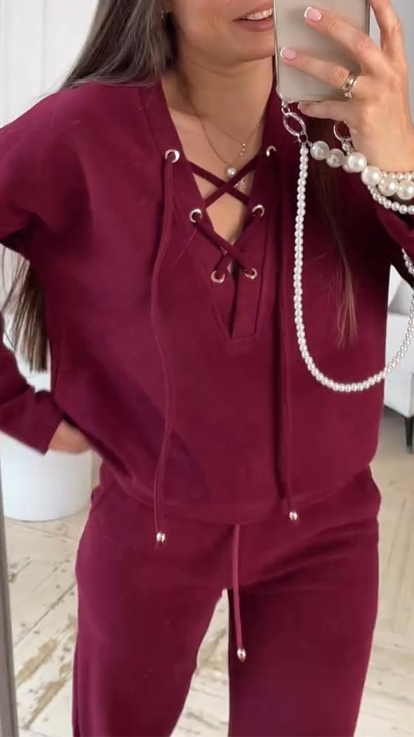 Women Round Neck Cross-strap Top + Pants Casual Suit