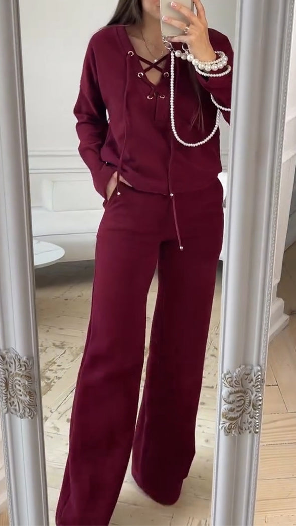 Women Round Neck Cross-strap Top + Pants Casual Suit