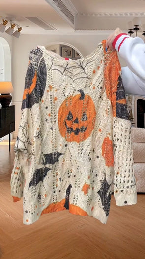 Women Round Neck Halloween Element Printed Hollow Casual Sweater