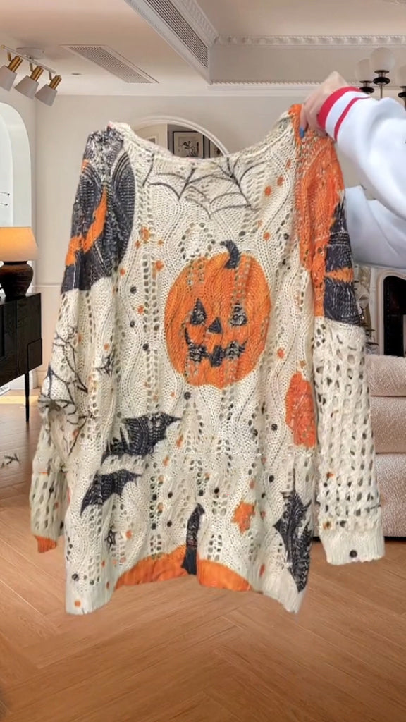 Women Round Neck Halloween Element Printed Hollow Casual Sweater