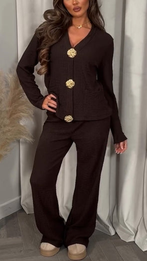 Women Button-down Top + Pants Casual Suit