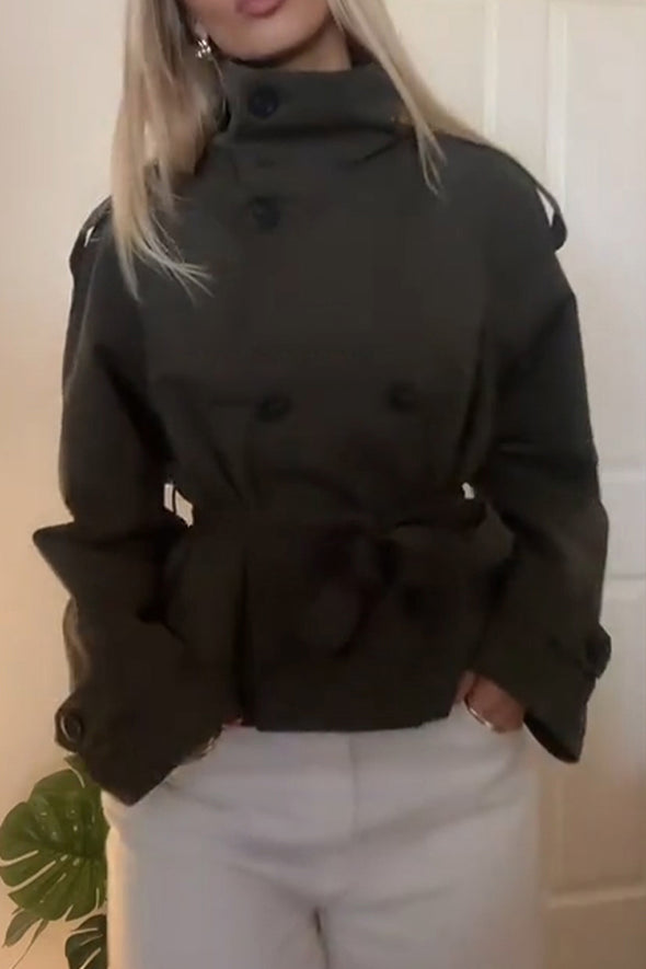 Women Stand Collar Waist Solid Color Temperament Casual Jacket