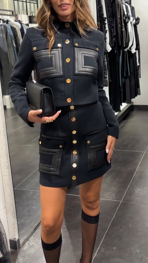 Women Lapel Button-down Top + Skirt Temperament Casual Suit