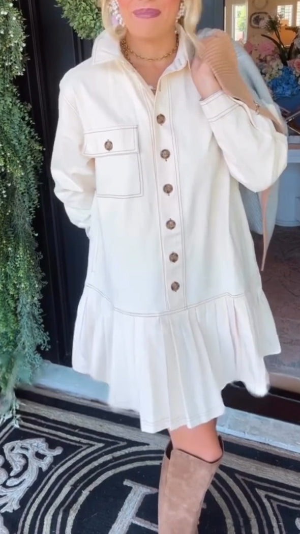 Women Lapel Button-down Dress + Printed Knitted Cardigan Casual Suit