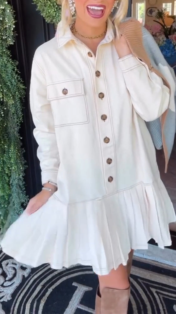 Women Lapel Button-down Dress + Printed Knitted Cardigan Casual Suit