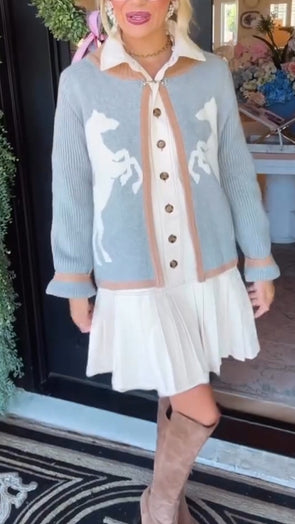 Women Lapel Button-down Dress + Printed Knitted Cardigan Casual Suit