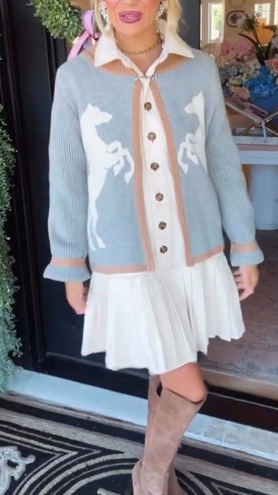 Women Lapel Button-down Dress + Printed Knitted Cardigan Casual Suit