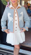 Women Lapel Button-down Dress + Printed Knitted Cardigan Casual Suit
