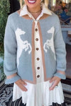 Women Lapel Button-down Dress + Printed Knitted Cardigan Casual Suit