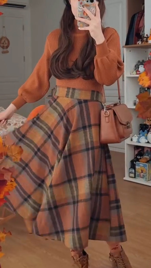 Women Round Neck Knitted Sweater + Plaid Skirt Casual Suit