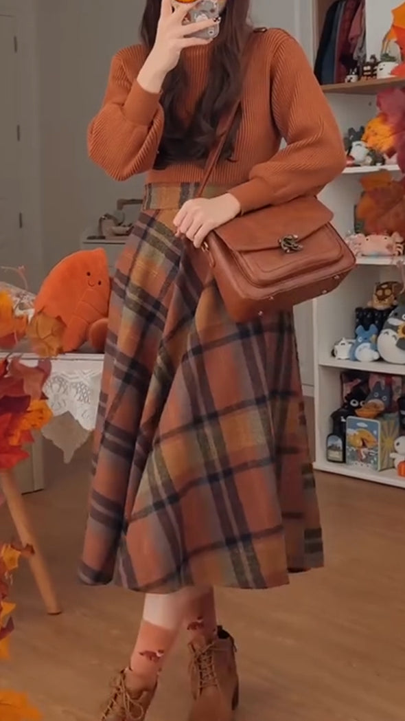 Women Round Neck Knitted Sweater + Plaid Skirt Casual Suit