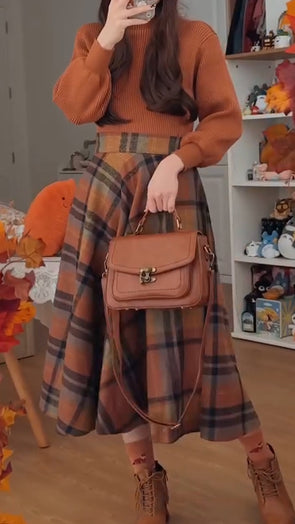 Women Round Neck Knitted Sweater + Plaid Skirt Casual Suit