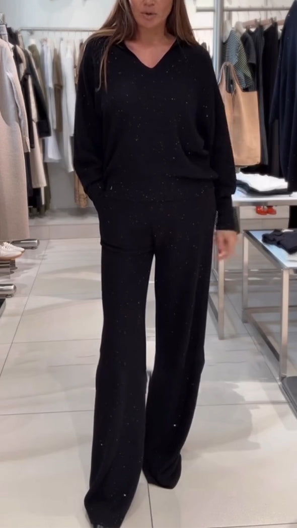 Women V-neck Knitted Casual Solid Color Suit