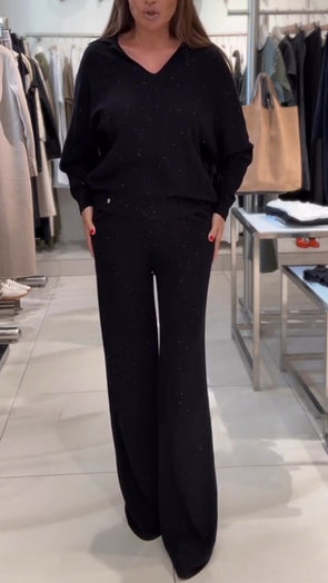 Women V-neck Knitted Casual Solid Color Suit