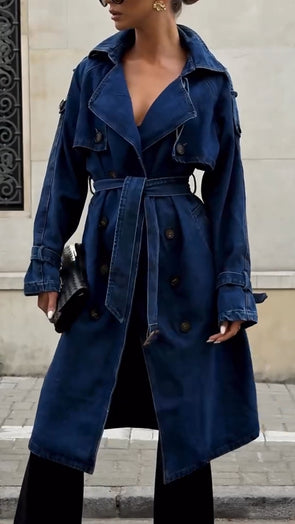 Women Lapel Double-Breasted Temperament Casual Denim Jacket