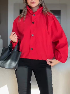 Womens Stand Collar Buttoned Casual Jacket