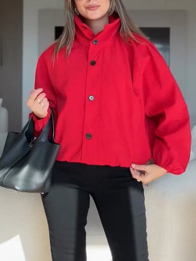 Womens Stand Collar Buttoned Casual Jacket