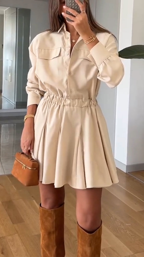 Women Lapel Patchwork Casual Dress