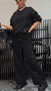 Women Round Neck Rivet Drawstring Casual Suit