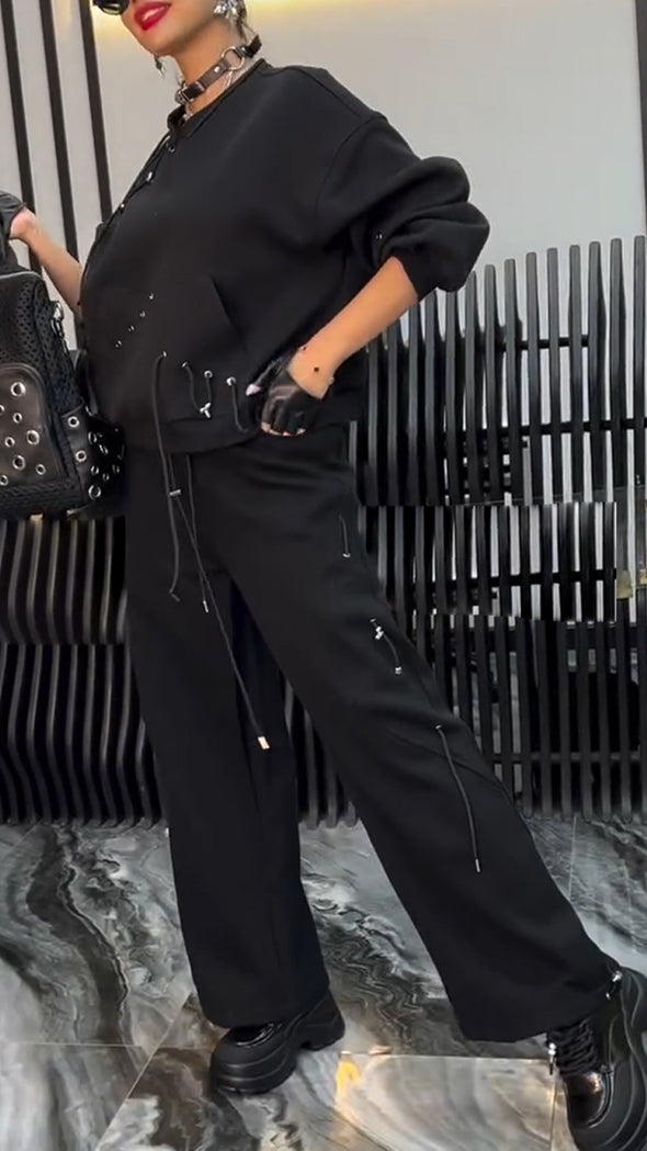 Women Round Neck Rivet Drawstring Casual Suit