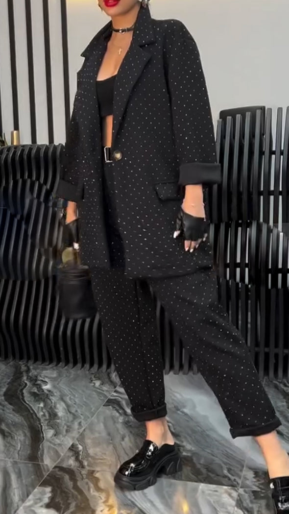 Women Lapel Rhinestone Temperament Commuter Suit