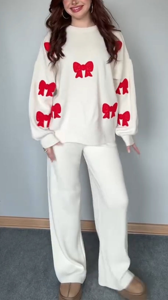 Women Round Neck Bow Print Casual Suit